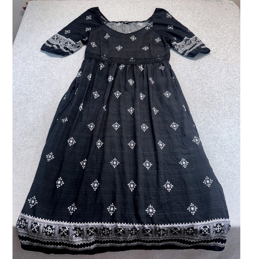 BloomChic Black White Embroidered Boho Midi Dress‎ US 12 Puff Sleeve Cottagecore